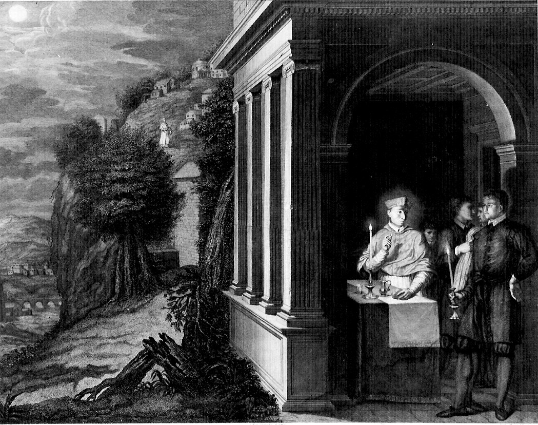 San Carlo visita il Sacro Monte di Varallo e digiuna a pane ed acqua, San Carlo Borromeo (stampa) di Colombo Antonio (sec. XIX)