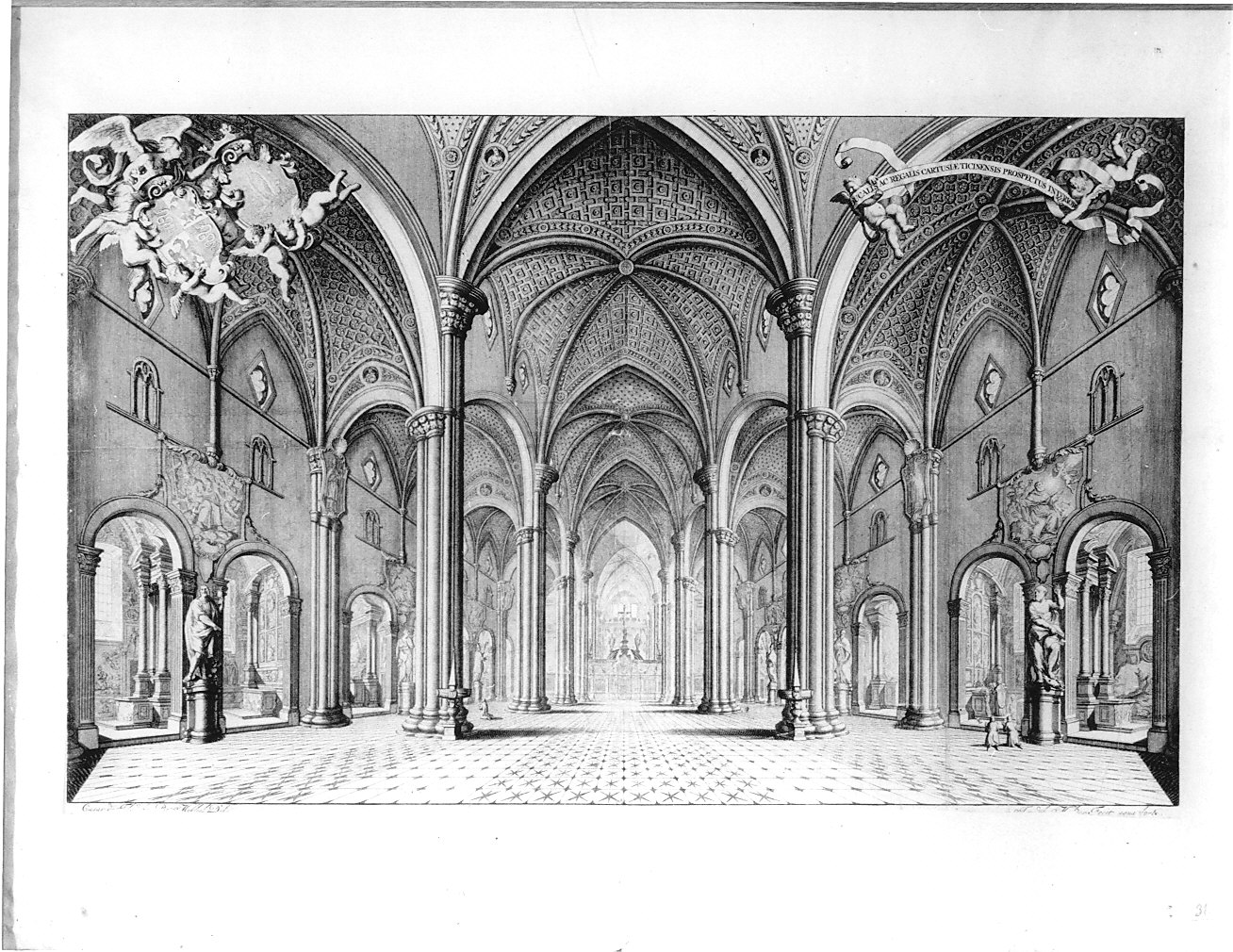 prospetto interno della Certosa di Pavia (stampa) di Mulder Joseph (inizio sec. XVIII)