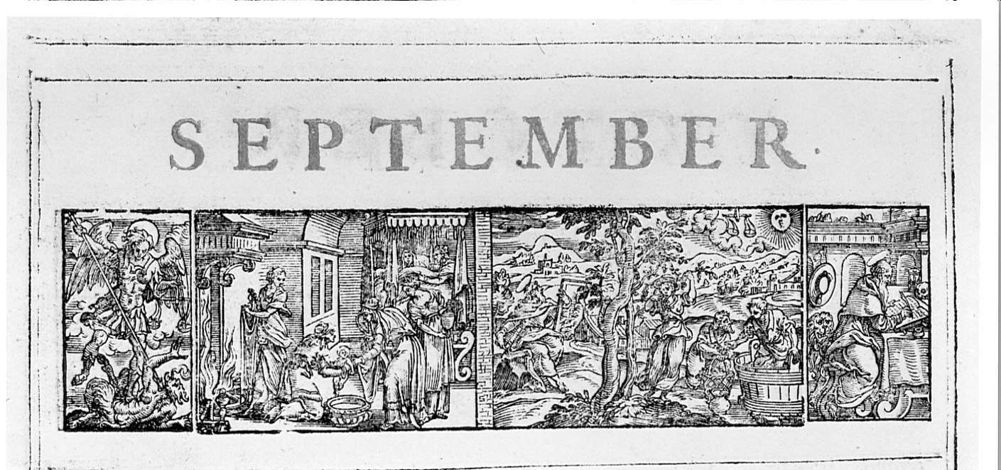 S. Michele Arcangelo; allegoria del mese di settembre; S. Girolamo (stampa, elemento d'insieme) di David H (sec. XVII)