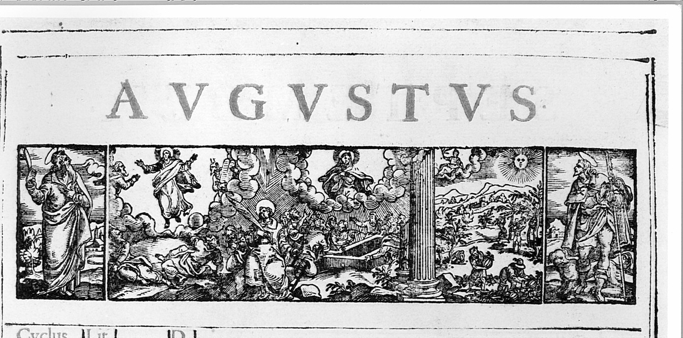 S. Bartolomeo; allegoria del mese di agosto; S. Rocco (stampa, elemento d'insieme) di David H (sec. XVII)