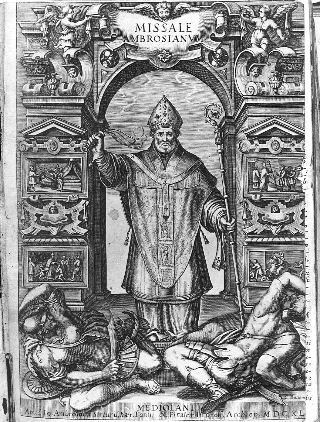 Sant'Ambrogio scaccia gli ariani (stampa, elemento d'insieme) di Bassano Cesare (sec. XVII)