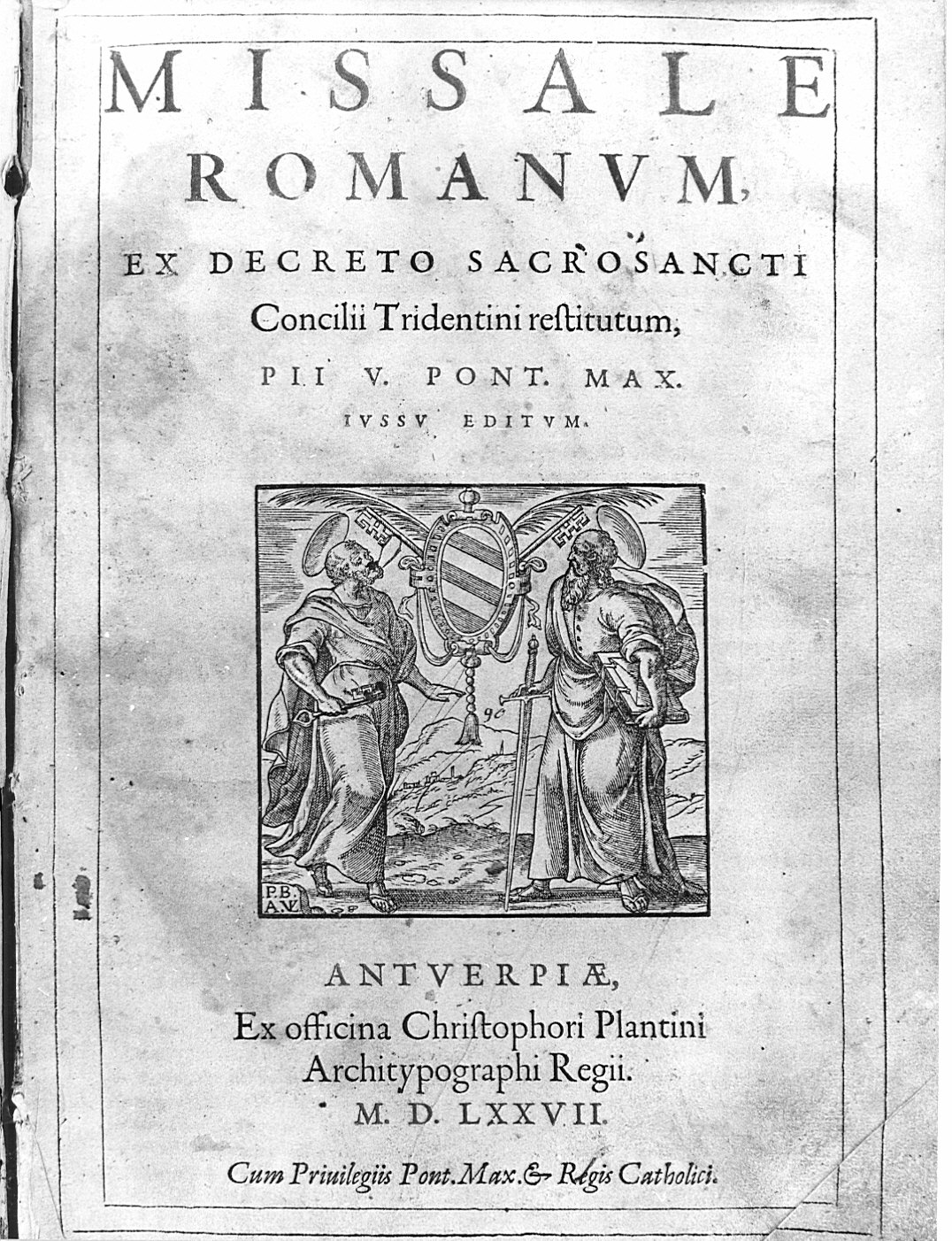 stemma pontificio tra S. Paolo e S. Pietro (stampa, elemento d'insieme) - ambito fiammingo (sec. XVI)