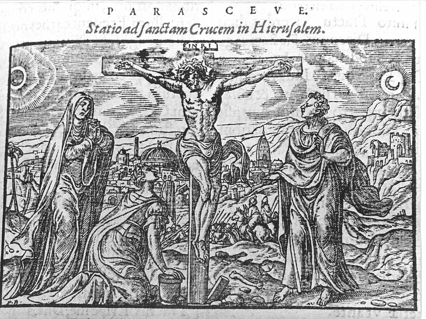 crocifissione di Cristo con la Madonna e santi (stampa, elemento d'insieme) - ambito fiammingo (sec. XVI)