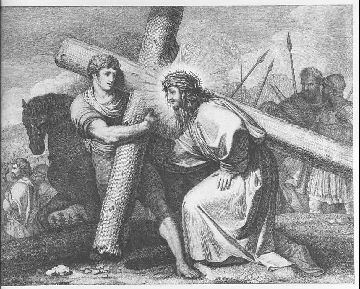 stazione V: Gesù aiutato da Simone il Cireneo a portare la croce (stampa) di Sabatelli Giuseppe, Pera Giuseppe, Eredi Benedetto (sec. XIX)
