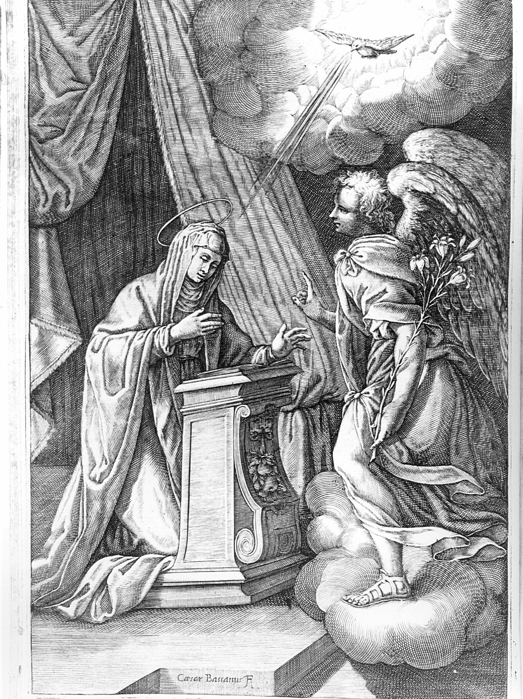 Annunciazione (stampa, elemento d'insieme) di Bassano Cesare (attribuito) (sec. XVII)