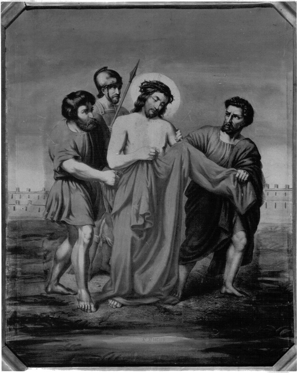 stazione X: Gesù spogliato e abbeverato di fiele (stampa a colori, elemento d'insieme) - ambito francese (prima metà sec. XX)