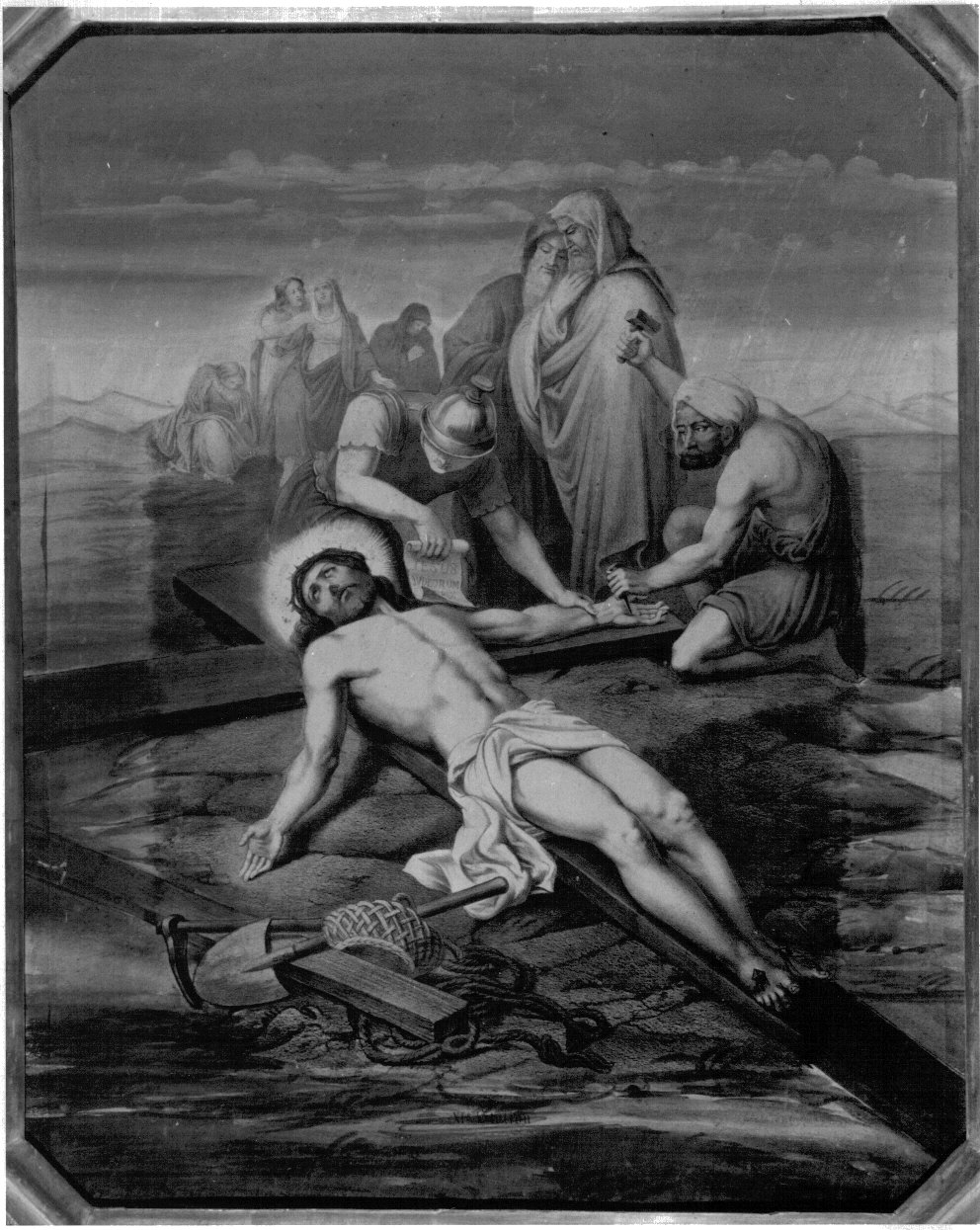 stazione XI: Gesù inchiodato alla croce (stampa a colori, elemento d'insieme) - ambito francese (prima metà sec. XX)