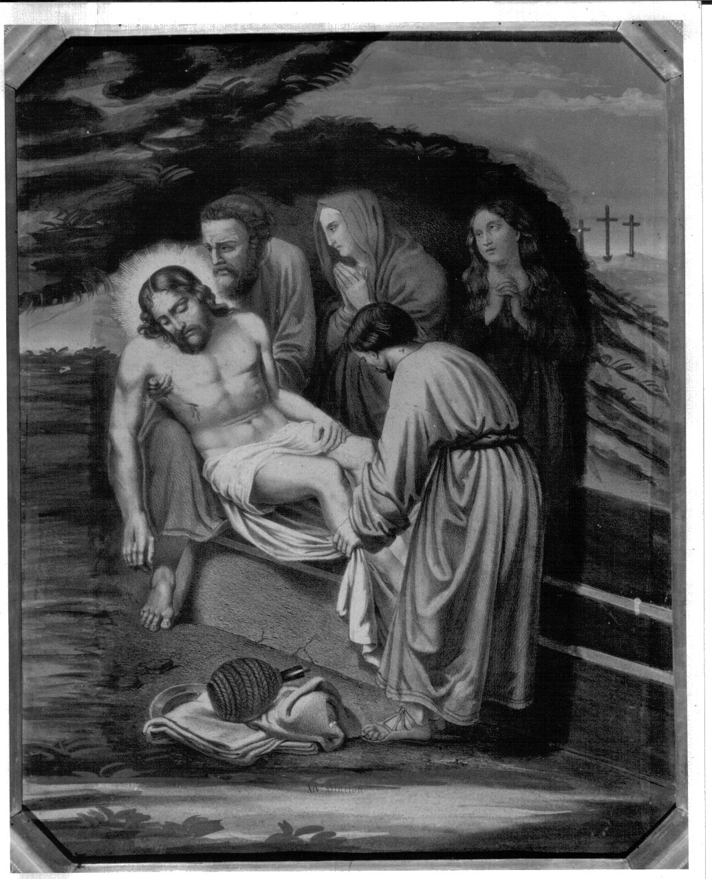 stazione XIV: Gesù deposto nel sepolcro (stampa a colori, elemento d'insieme) - ambito francese (prima metà sec. XX)