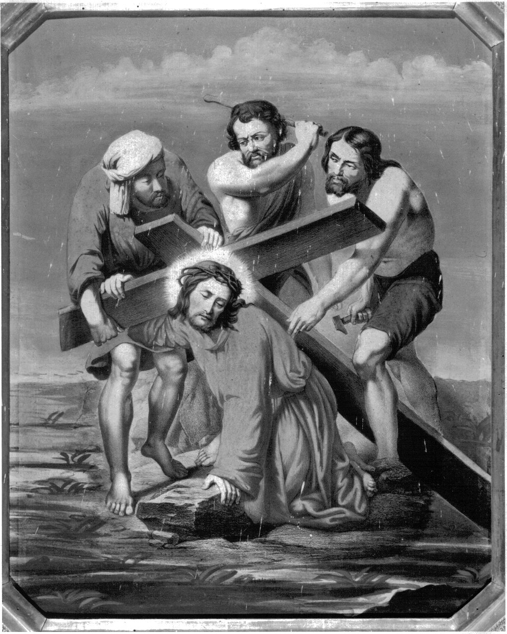 stazione III: Gesù cade sotto la croce la prima volta (stampa a colori, elemento d'insieme) - ambito francese (prima metà sec. XX)