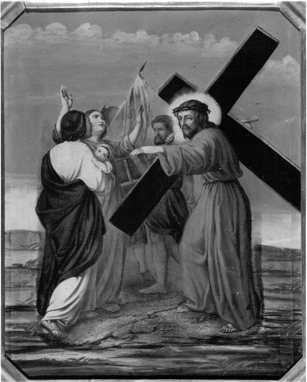 stazione VIII: Gesù consola le donne di Gerusalemme (stampa a colori, elemento d'insieme) - ambito francese (prima metà sec. XX)