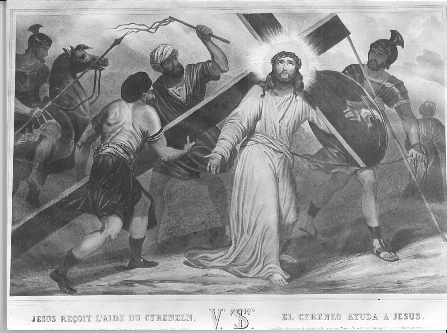 stazione V: Gesù aiutato da Simone il Cireneo a portare la croce (stampa, elemento d'insieme) - ambito francese (sec. XIX)