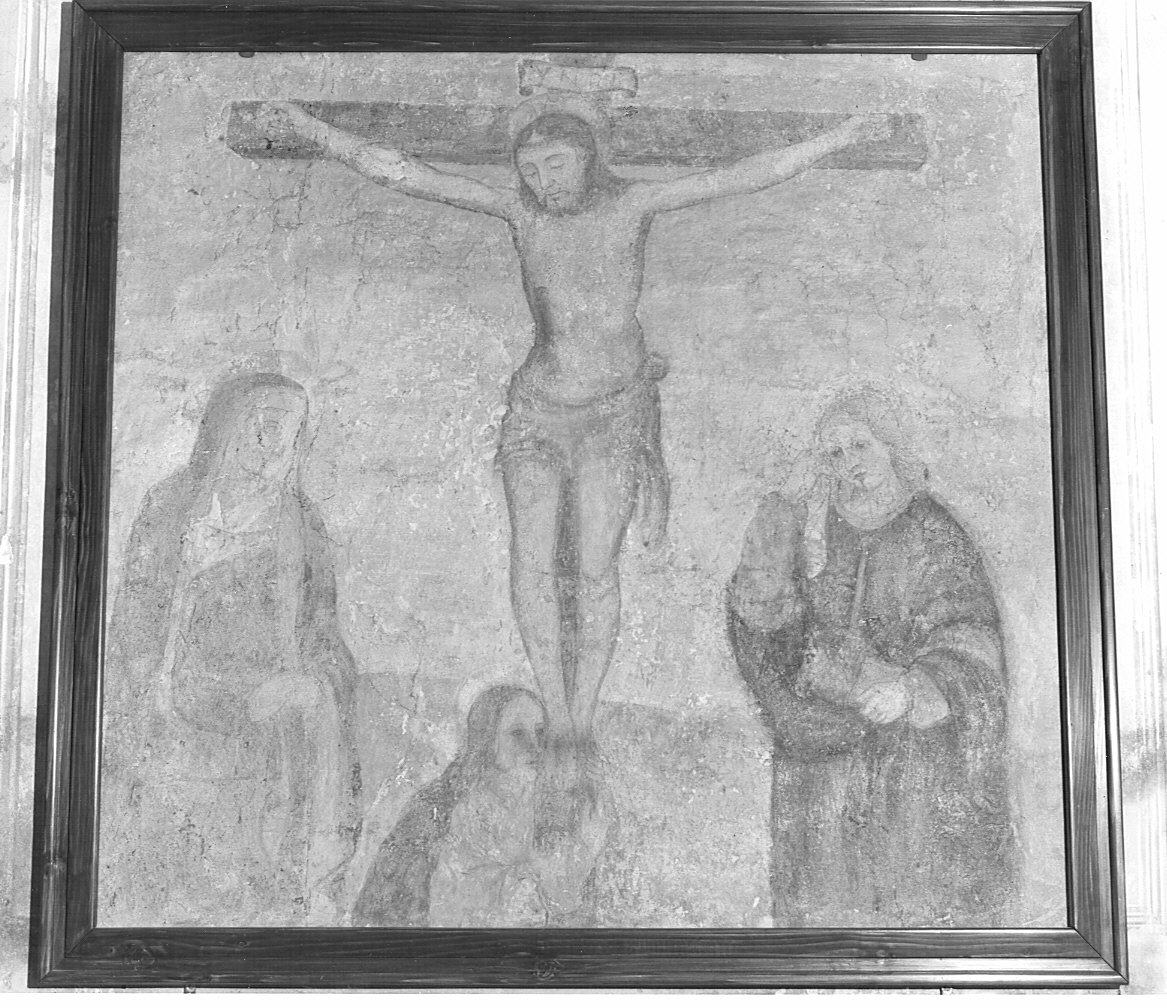 crocifissione di Cristo con la Madonna, San Giovanni Evangelista e Maria Maddalena (dipinto murale staccato) - ambito lombardo (sec. XVII)