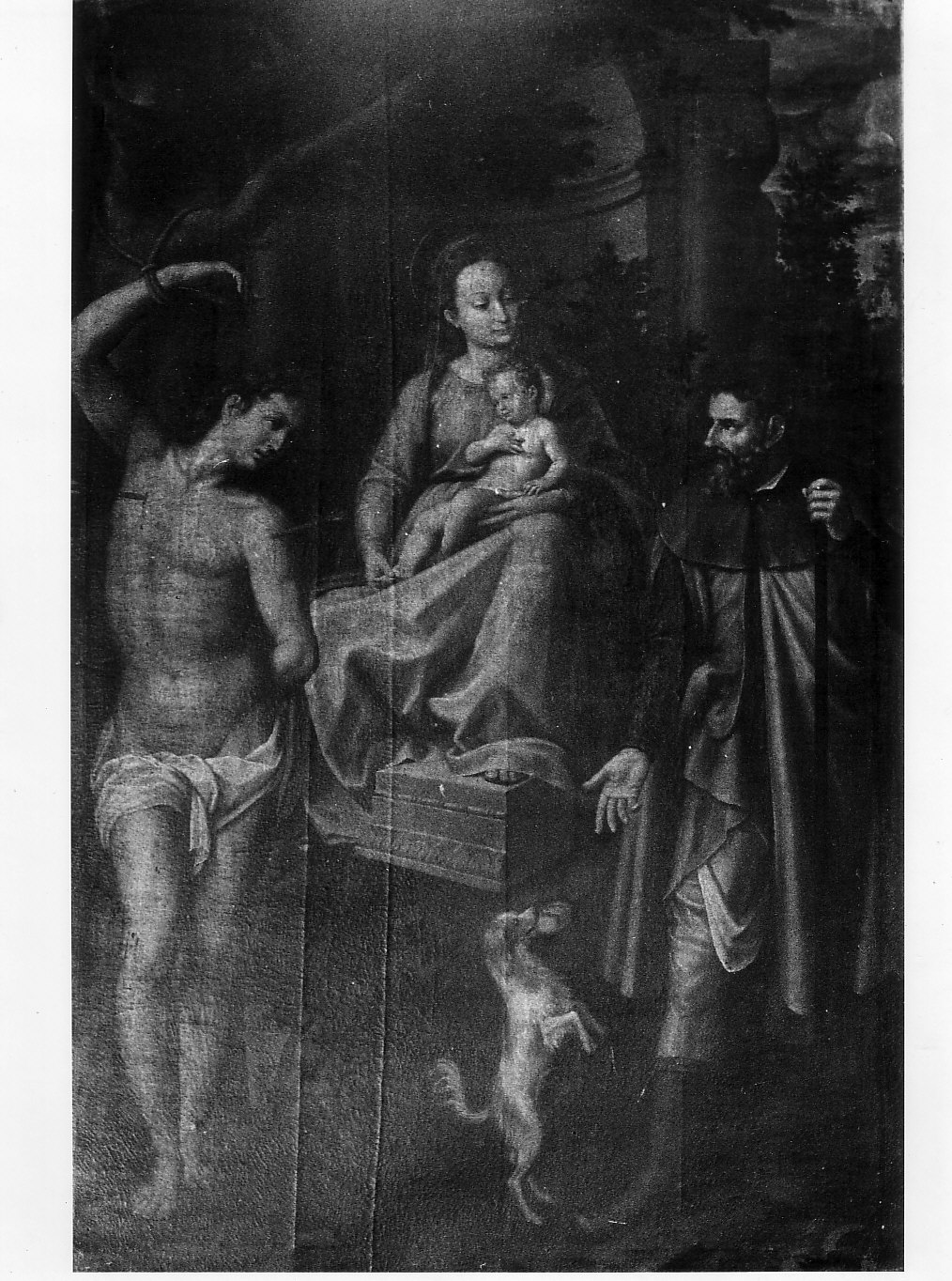 Madonna con Bambino in trono tra San Sebastiano e San Rocco (paliotto, opera isolata) di Caccia Guglielmo detto Moncalvo (attribuito) (sec. XVII)