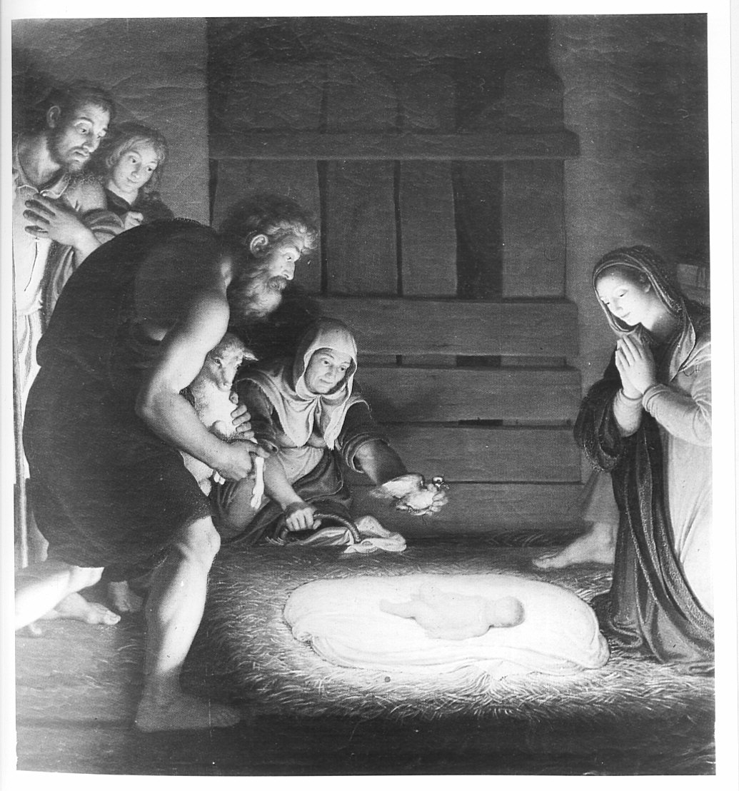 Adorazione dei pastori - Presepe a lume di notte, adorazione dei pastori (dipinto) di Diotti Giuseppe (sec. XIX)