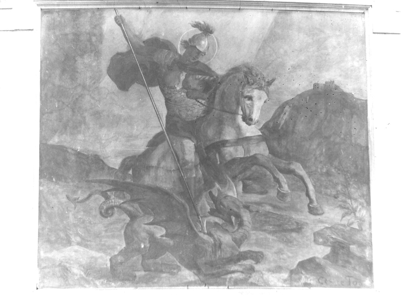 San Giorgio uccide il drago (dipinto, opera isolata) di Tos Cesare (attribuito) (sec. XX)