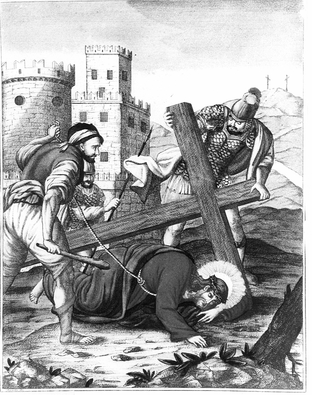 III stazione della Via Crucis: Cristo cade sotto la croce, Cristo cade sotto la croce (Via Crucis, elemento d'insieme) di Bernieri Andrea (prima metà sec. XIX)
