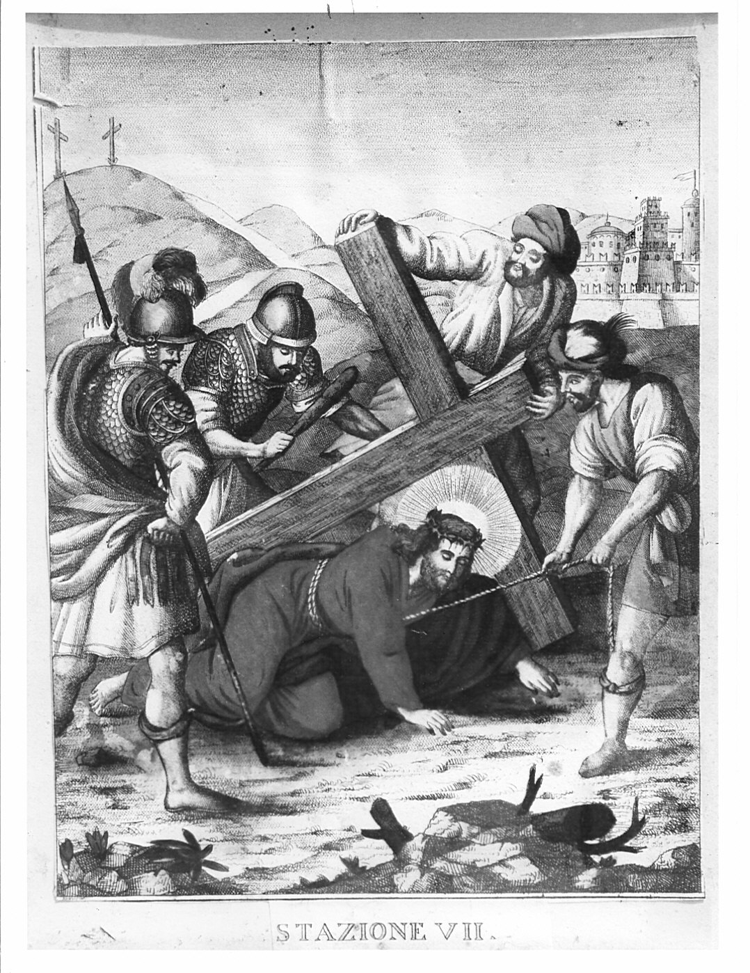 VII stazione della Via Crucis: Gesù cade per la seconda volta, Cristo cade sotto la croce (Via Crucis, elemento d'insieme) di Bernieri Andrea (prima metà sec. XIX)