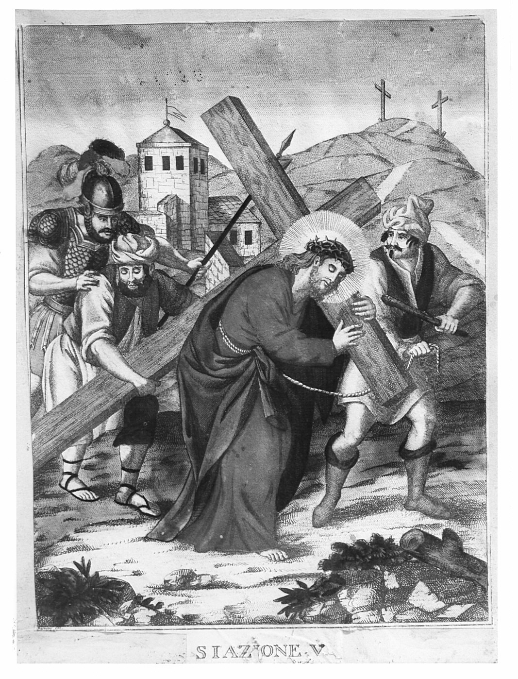 V stazione della Via Crucis: Cristo è aiutato dal Cireneo, Cristo aiutato da Simone il Cireneo a portare la croce (Via Crucis, elemento d'insieme) di Bernieri Andrea (prima metà sec. XIX)