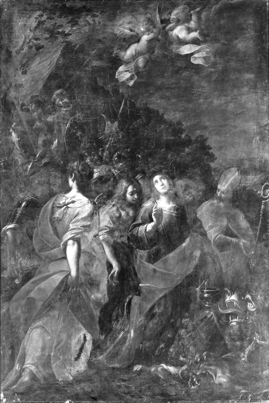 Santa Marta sconfigge il drago di Tarascona aspergendolo con l'acqua Santa (dipinto, opera isolata) di Nuvolone Carlo Francesco (sec. XVII)