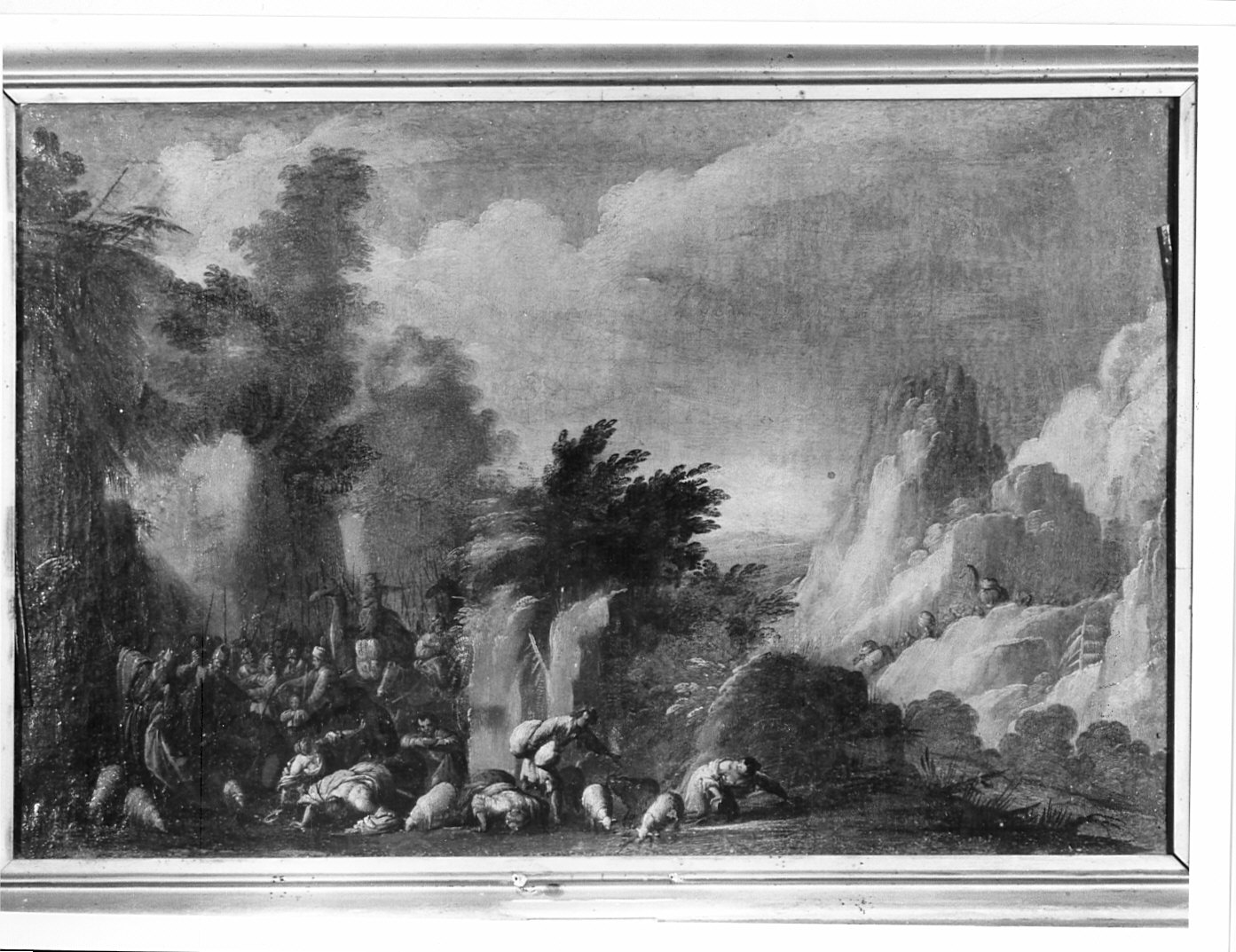 Mosè fa scaturire l'acqua dalla roccia (dipinto, pendant) - ambito fiammingo (prima metà sec. XVII)