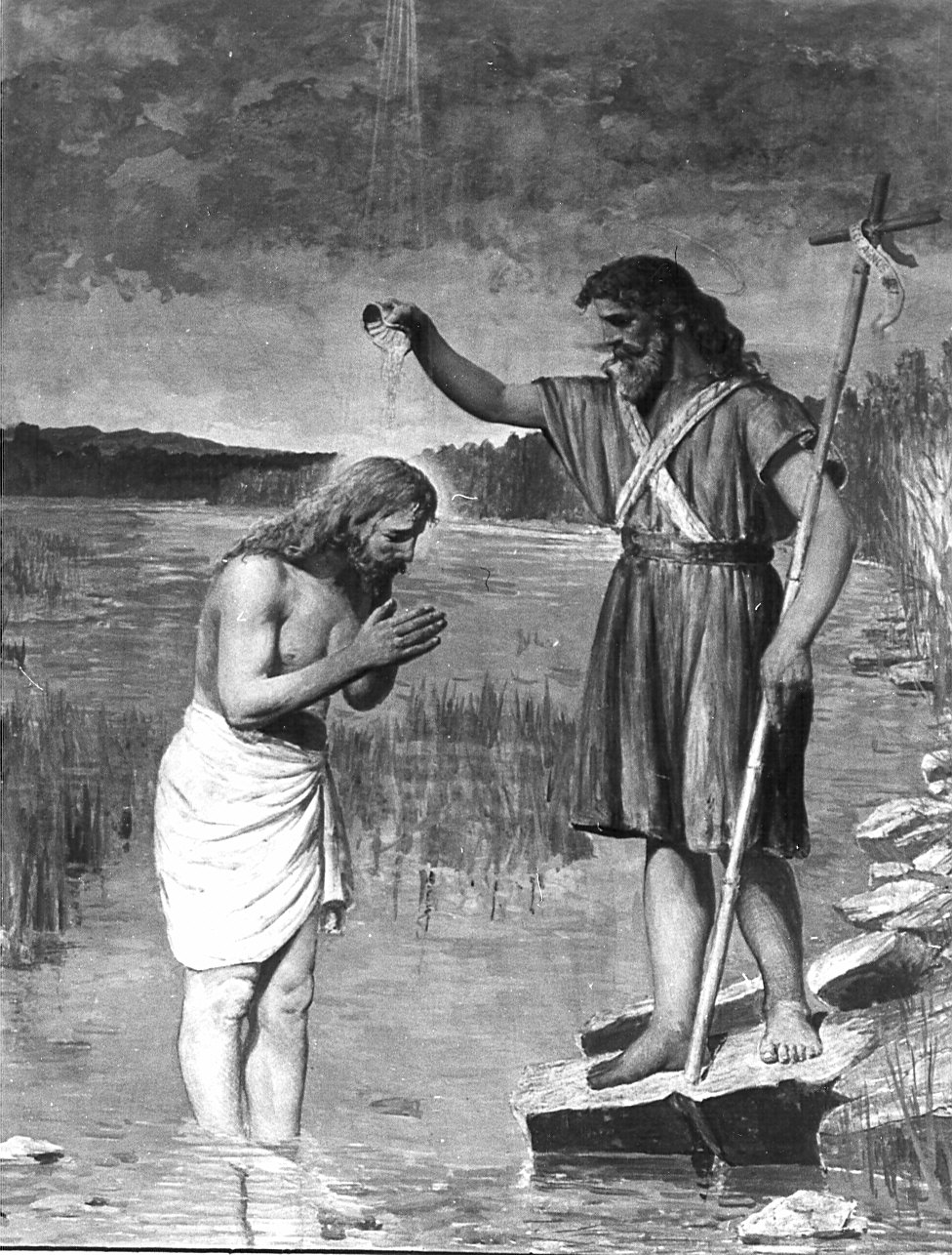 battesimo di Cristo (dipinto murale, elemento d'insieme) di Bocca Luigi (attribuito), Raffele Ambrogio (attribuito), Ottone Casimiro (attribuito) (sec. XX)