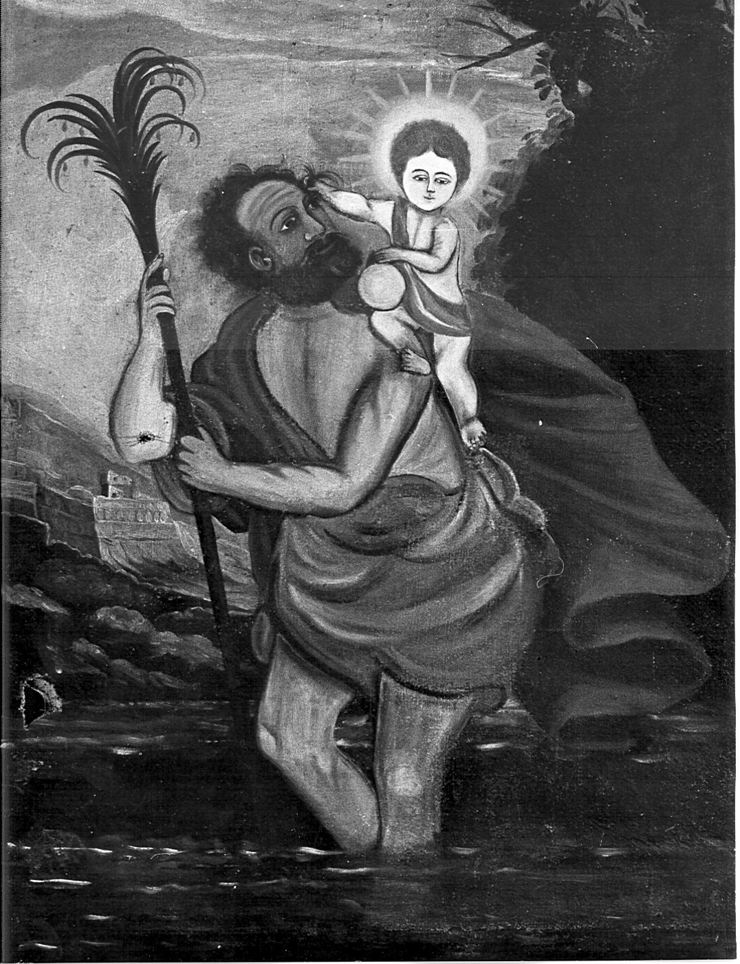 San Cristoforo guada il fiume con Gesù Bambino sulle spalle (dipinto) - ambito lombardo (seconda metà sec. XVII)
