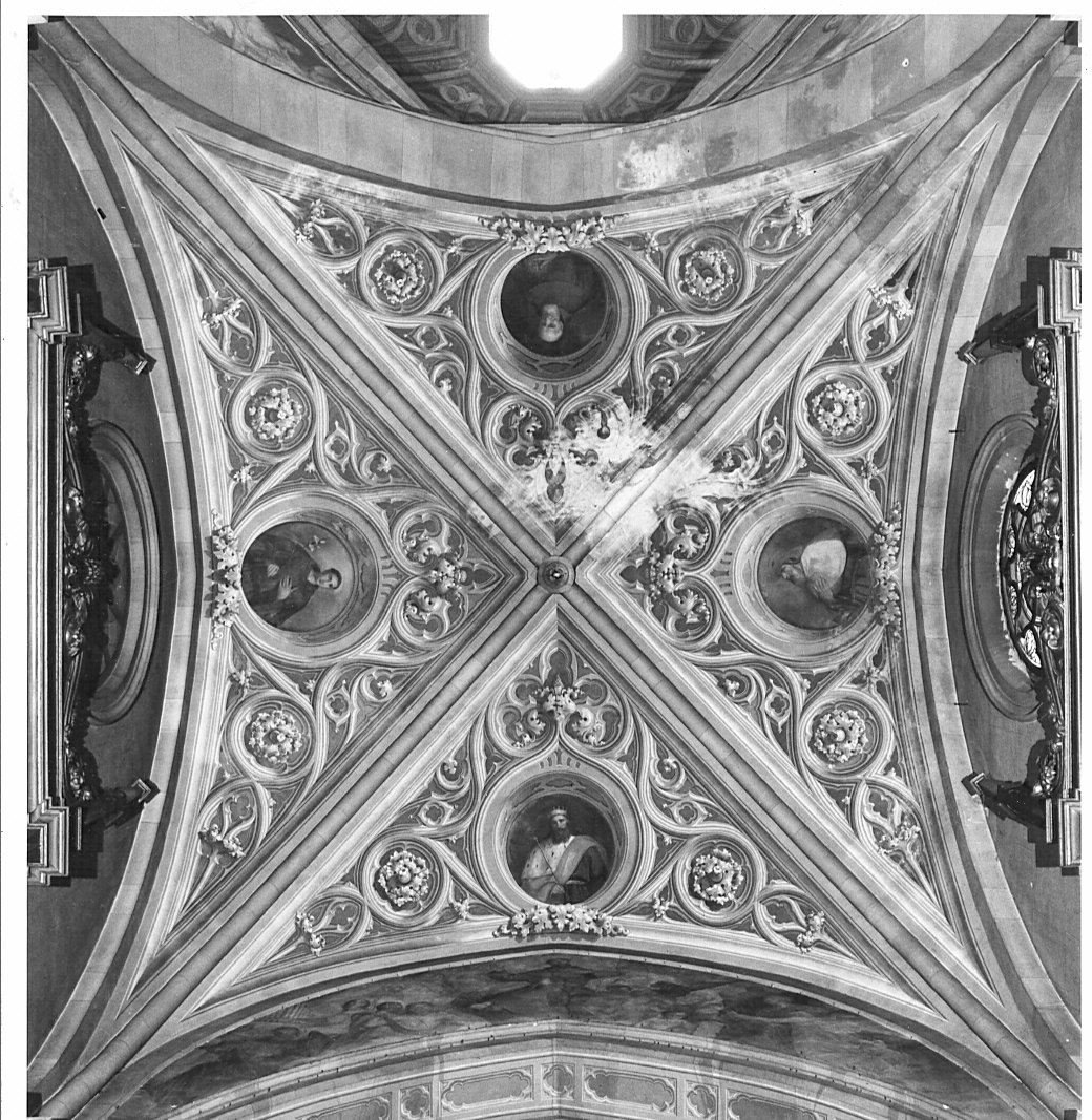 Santi/ putti/ gloria di San Francesco/ crocifissione/ virtù cardinali (decorazione pittorica, ciclo) di Garberini Giovan Battista (sec. XIX)