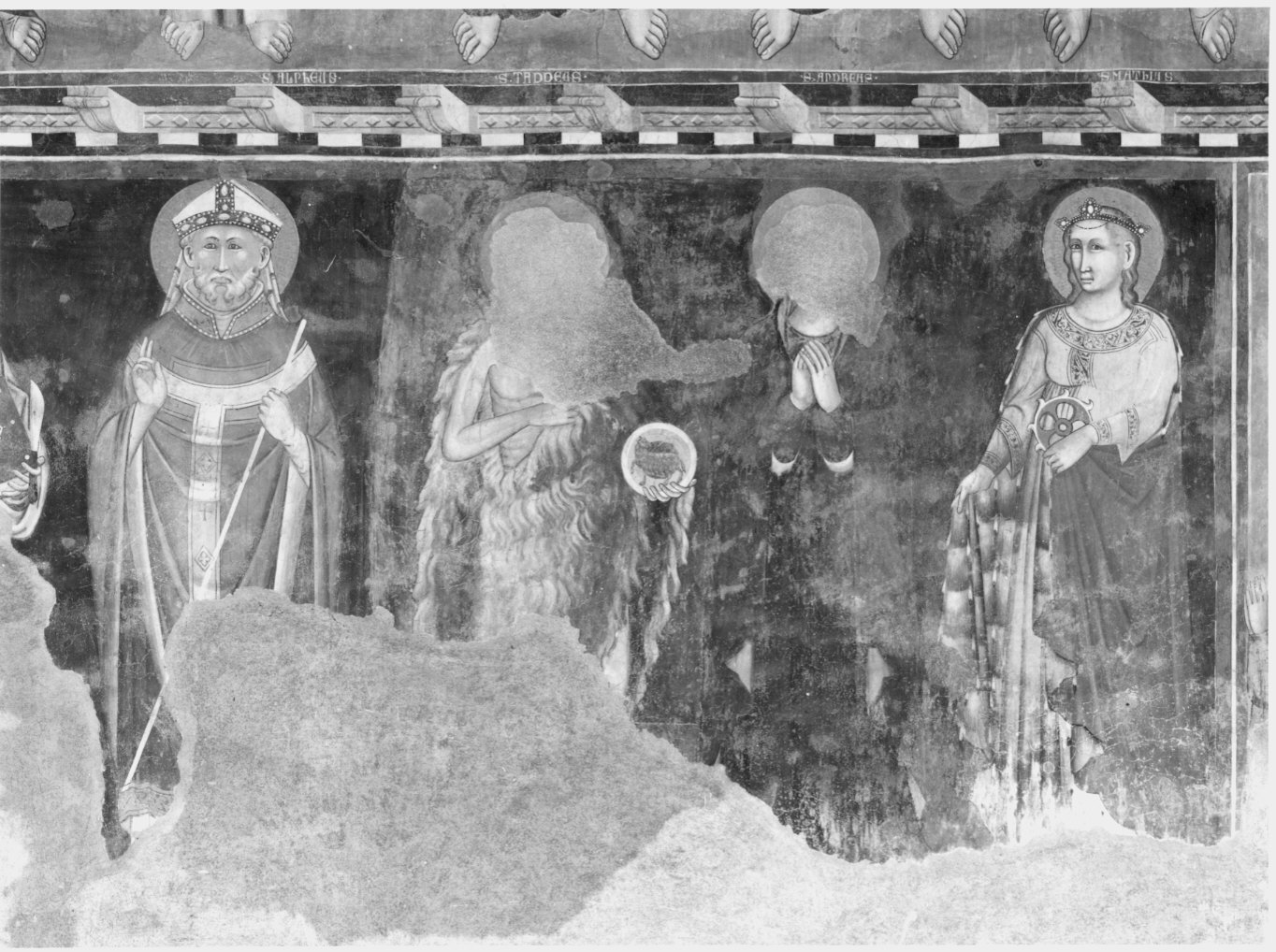 Santo vescovo/ San Giovanni Battista/ (?)/ San Caterina (dipinto murale, elemento d'insieme) di Maestro della Tomba Fissiraga (attribuito) (secondo quarto sec. XIV)