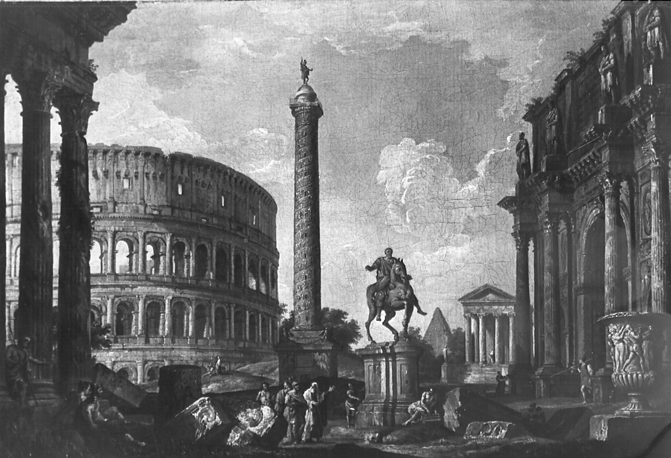 Vedure architettoniche romane, paesaggio con architetture (dipinto) di Pannini Giovanni Paolo (attribuito) (prima metà sec. XVIII)