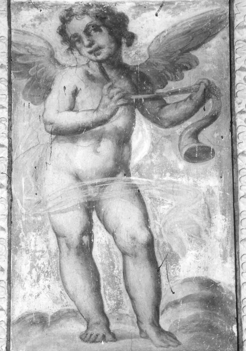 angelo con corno (dipinto, opera isolata) di Romani Giovanni Francesco (attribuito) (primo quarto sec. XVII)