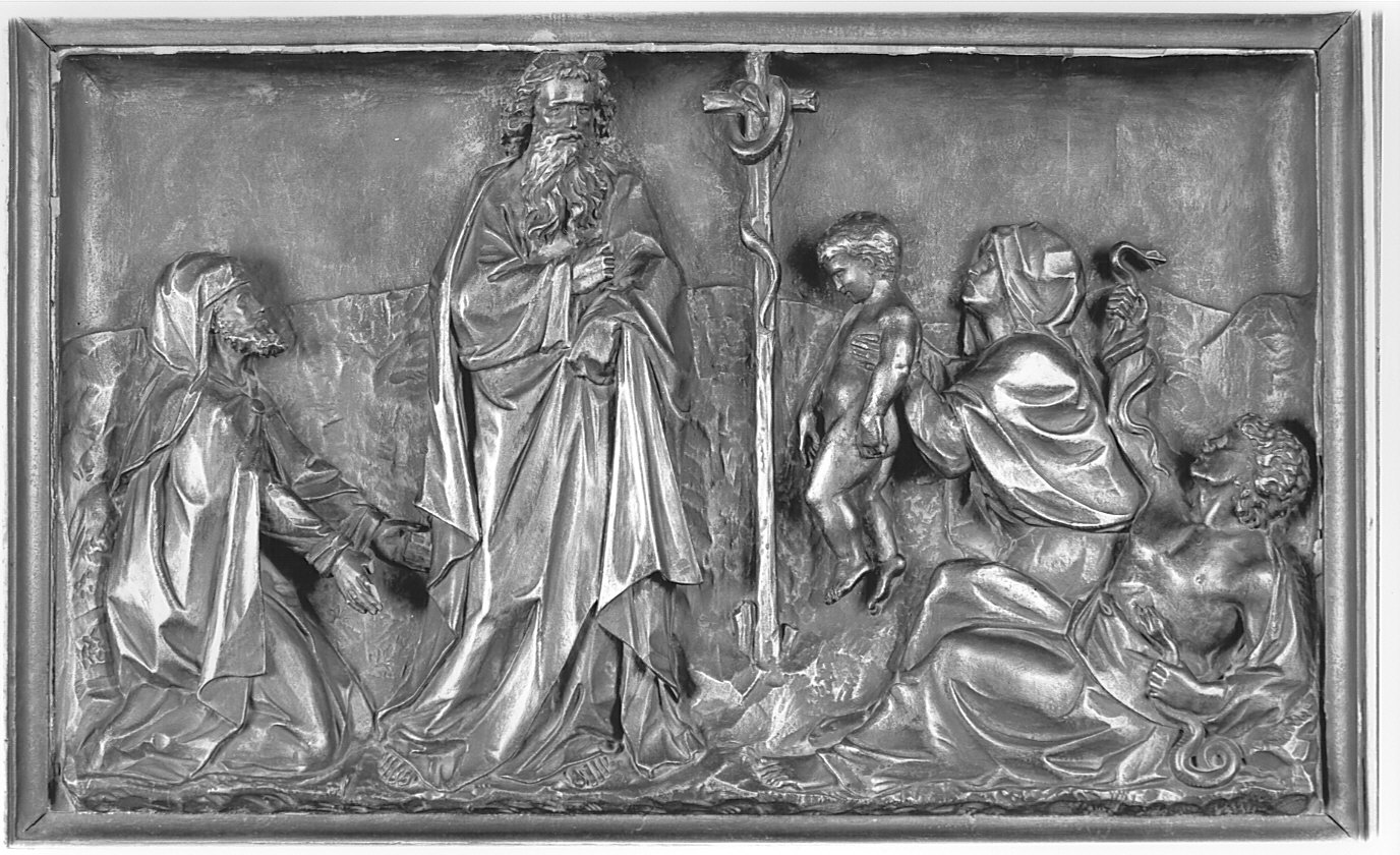 Mosè e il serpente di bronzo (rilievo, elemento d'insieme) - bottega alsaziana (sec. XX)