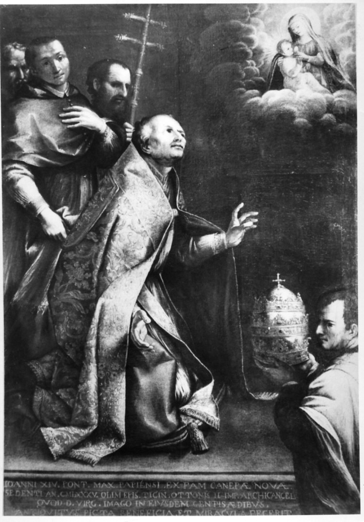 papa Giovanni XIV venera la Vergine del Santuario (dipinto, opera isolata) - ambito lombardo (sec. XVII)