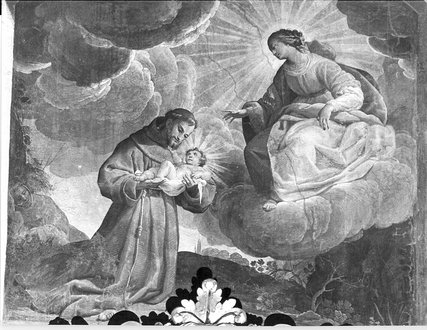 San Francesco d'Assisi riceve Gesù Bambino dalla Madonna (dipinto murale, elemento d'insieme) di Barbelli Giangiacomo (sec. XVII)