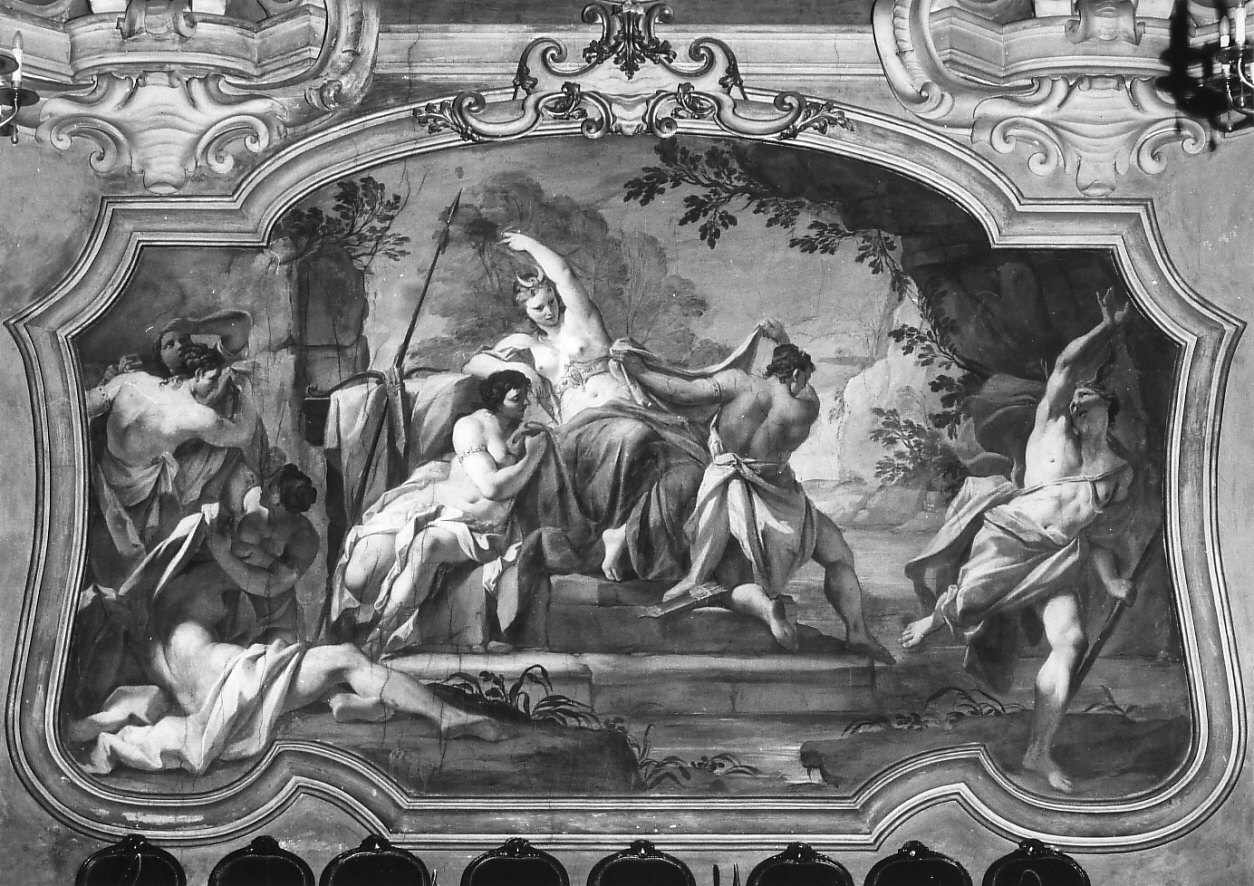 Diana che sta per trasformare Atteone in cervo (dipinto, elemento d'insieme) di Borroni Giovan Angelo (attribuito) (sec. XVIII)