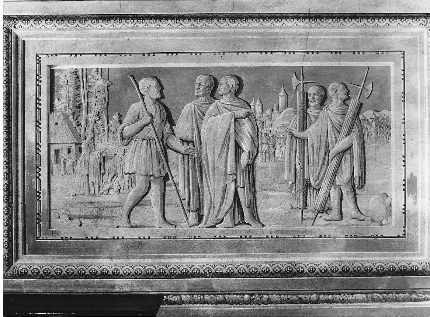 Ulisse e Polifemo; Uccisione di un guerriero; Cincinnato; Muzio Scevola; Lo scudo di Achille; La morte di Ettore (dipinto murale, serie) - ambito lombardo (inizio sec. XIX)