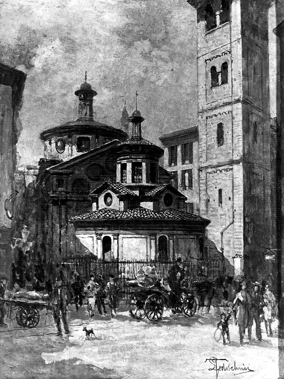 Chiesa di San Satiro, veduta di città (dipinto, opera isolata) di Todeschini Lucio (prima metà sec. XX)