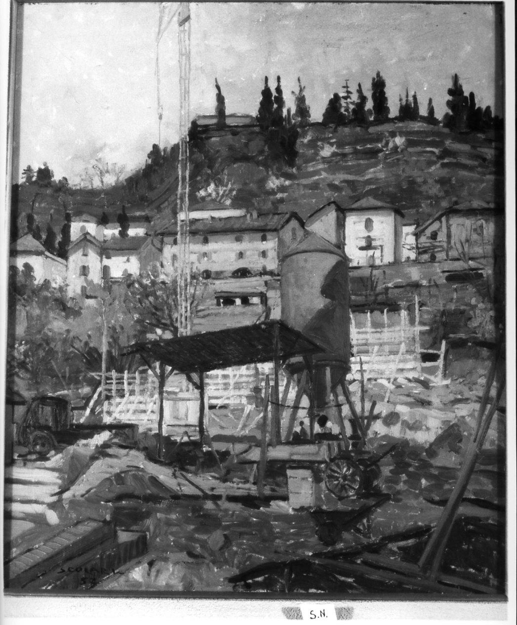 paesaggio con case in costruzione (dipinto, opera isolata) - ambito italiano (sec. XX)