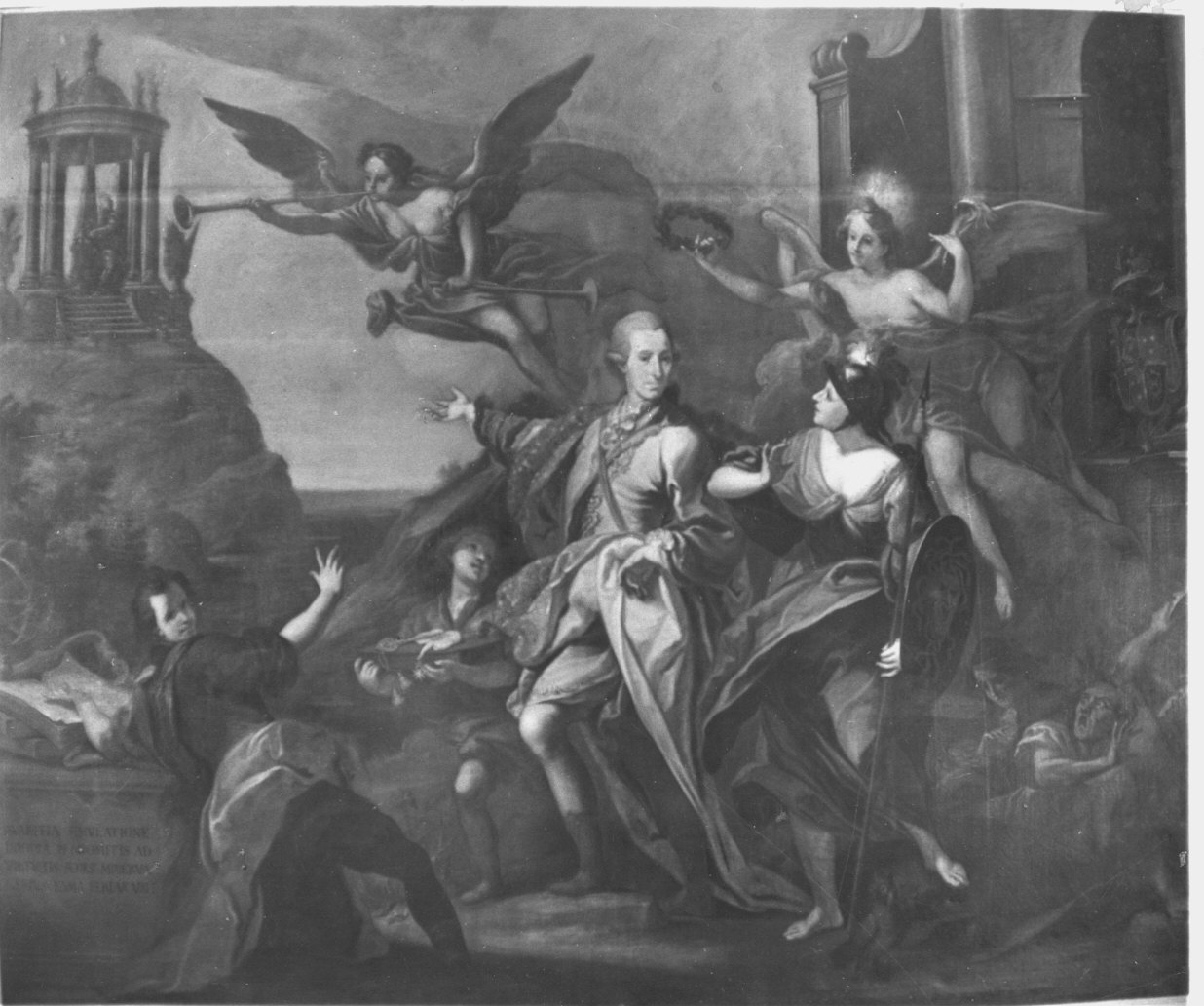 Giovan Battsita Giovio sale al tempio della gloria (dipinto) di Rodriguez Giovanni Battista (attribuito) (sec. XVIII)