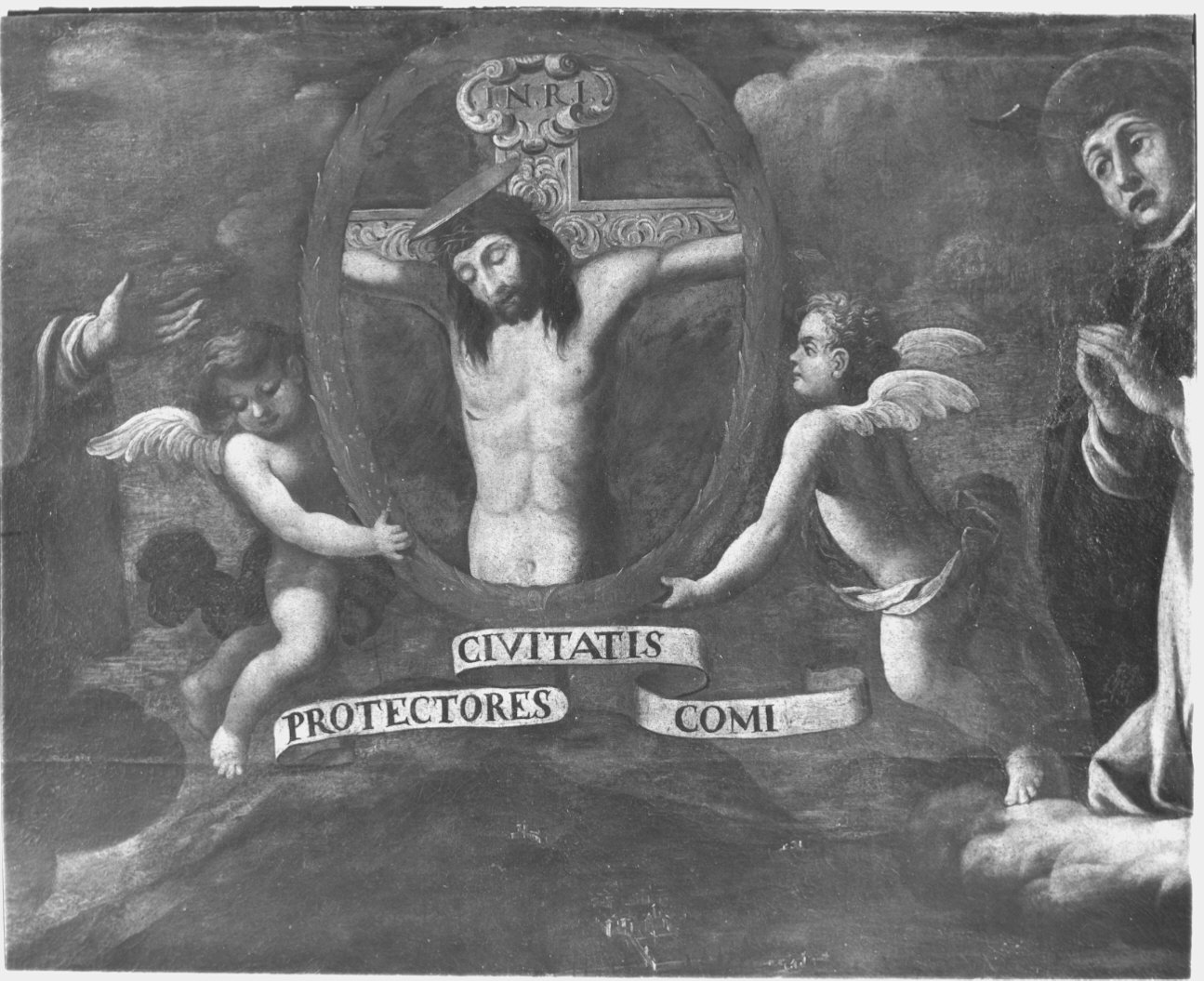 Veduta di Como con santi protettori e Cristo crocifisso (dipinto) - ambito lombardo (fine/inizio secc. XVII/ XVIII)
