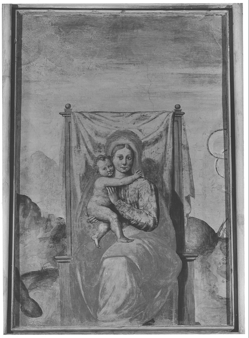 Madonna in trono con Bambino (dipinto murale, elemento d'insieme) - ambito lombardo (sec. XVI)