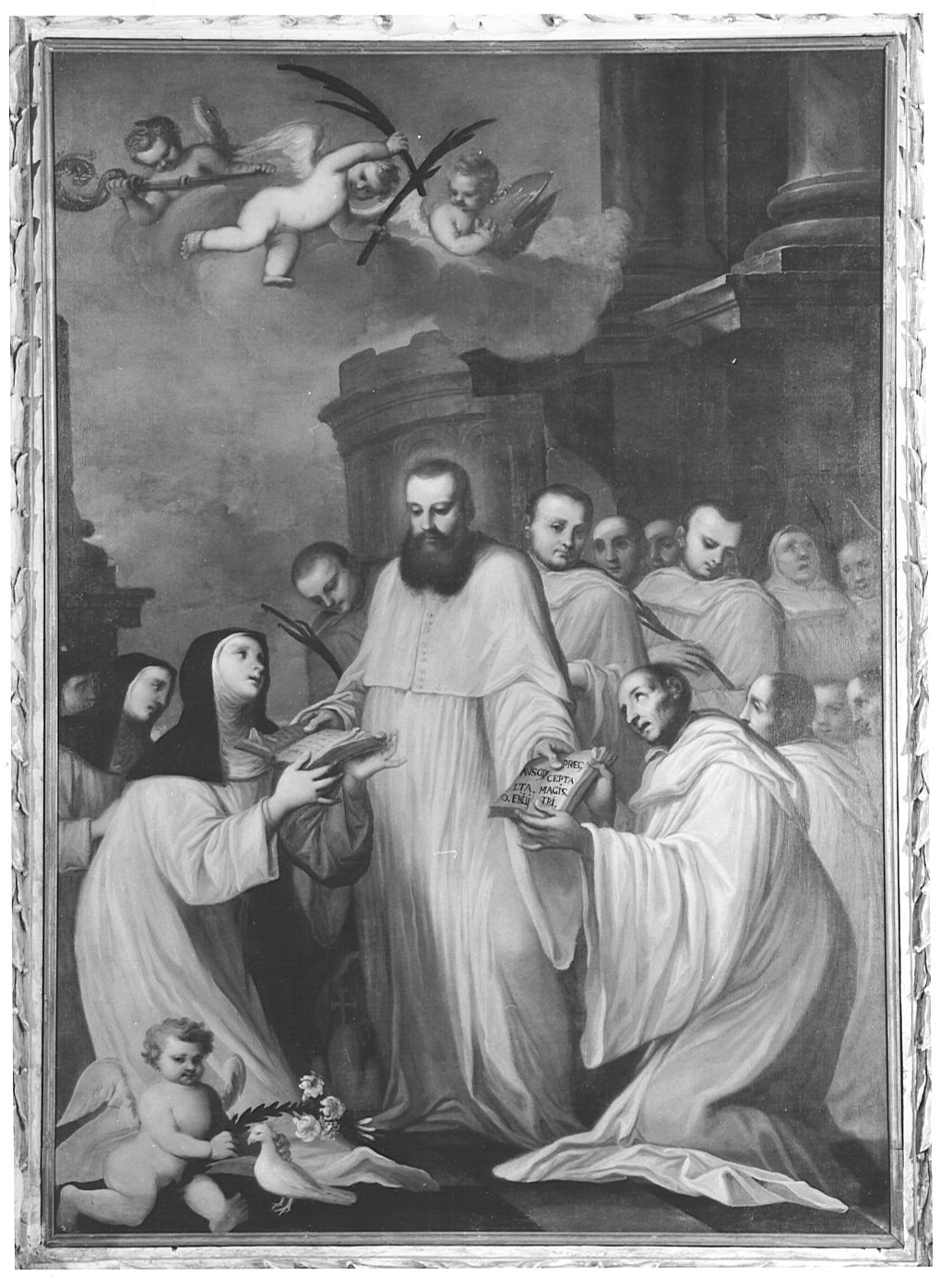 San Benedetto porge la regola al Beato Bernardo Tolomei e a Santa Scolastica (dipinto) - ambito lombardo (sec. XVII)