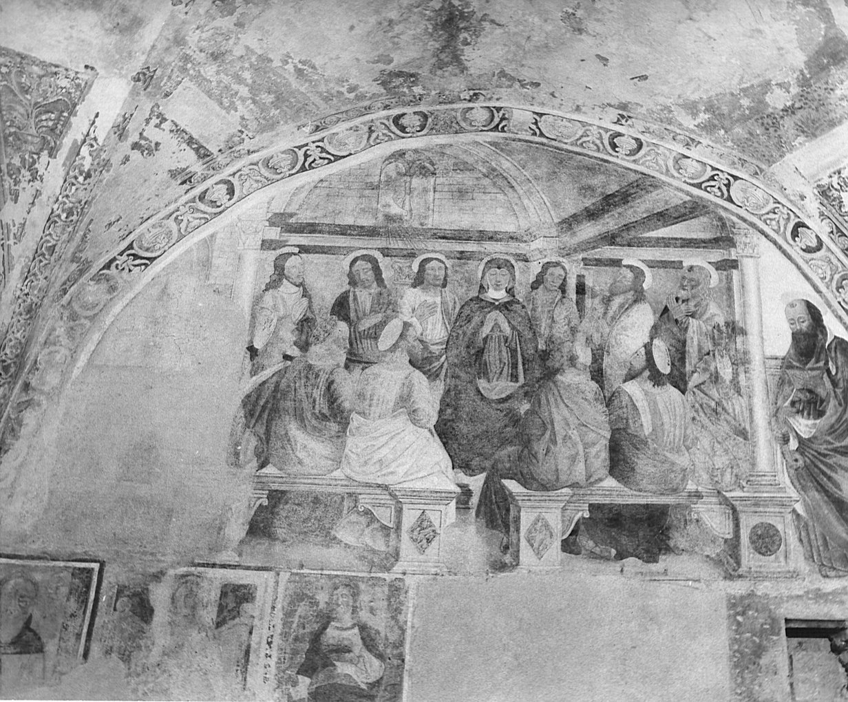 Pentecoste e santi (dipinto murale, elemento d'insieme) di De Passeris Andrea (attribuito) (fine/inizio secc. XV/ XVI)