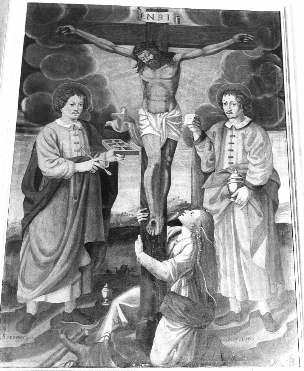 Crocifissione di Cristo con la Maddalena e i SS. Cosma e Damiano, crocifissione di Cristo (dipinto) di Aragonio (attribuito) (inizio sec. XVII)