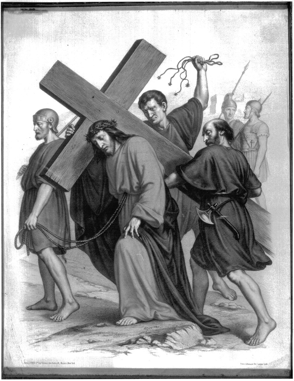 stazione V: Gesù aiutato da Simone il Cireneo a portare la croce (stampa a colori, elemento d'insieme) di Lasnier Louis Pierre, Grellet Francois (fine/inizio secc. XIX/ XX)