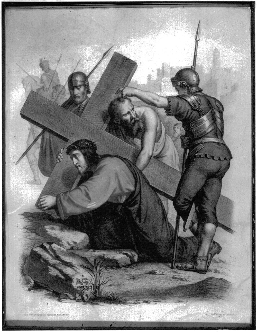 stazione VII: Gesù cade sotto la croce la seconda volta (stampa a colori, elemento d'insieme) di Lasnier Louis Pierre, Grellet Francois (fine/inizio secc. XIX/ XX)