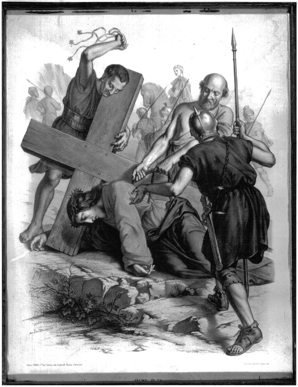 stazione IX: Gesù cade sotto la croce la terza volta (stampa a colori, elemento d'insieme) di Lasnier Louis Pierre, Grellet Francois (fine/inizio secc. XIX/ XX)
