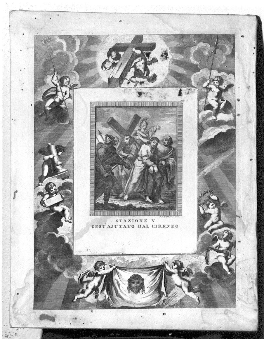 stazione V: Gesù aiutato da Simone il Cireneo a portare la croce (stampa) - ambito italiano (sec. XIX)