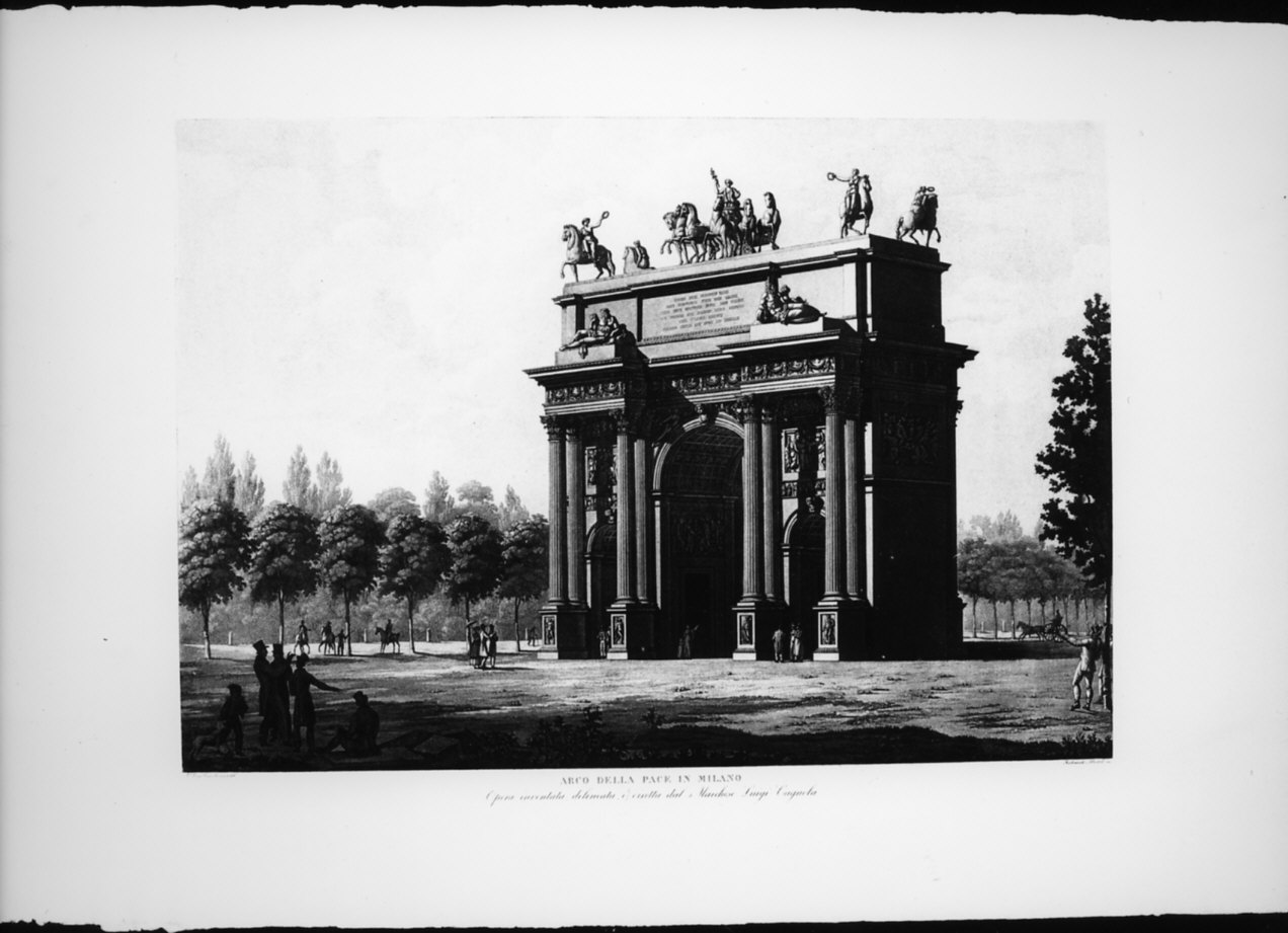 Arco della Pace in Milano, veduta dell'Arco della Pace a Milano (stampa) di Cagnola Luigi, Albertolli Ferdinando (sec. XIX)