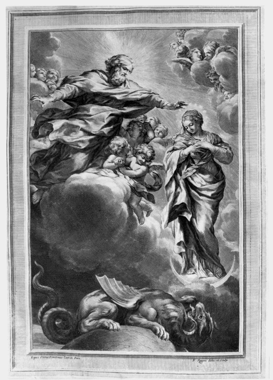 Immacolata Concezione e Dio Padre (stampa) di Spierre Francoise (attribuito), Pietro da Cortona (attribuito) (sec. XVII)