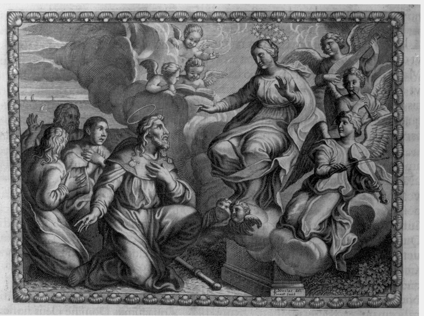 apparizione della Madonna su una colonna a San Giacomo il Maggiore (stampa) di Picart Etienne (attribuito), Lorrain Nicolas François (attribuito) (sec. XVII)